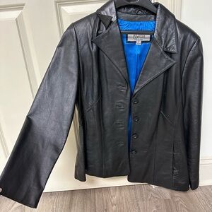 Genuine Black Leather Blazer with Blue Lining